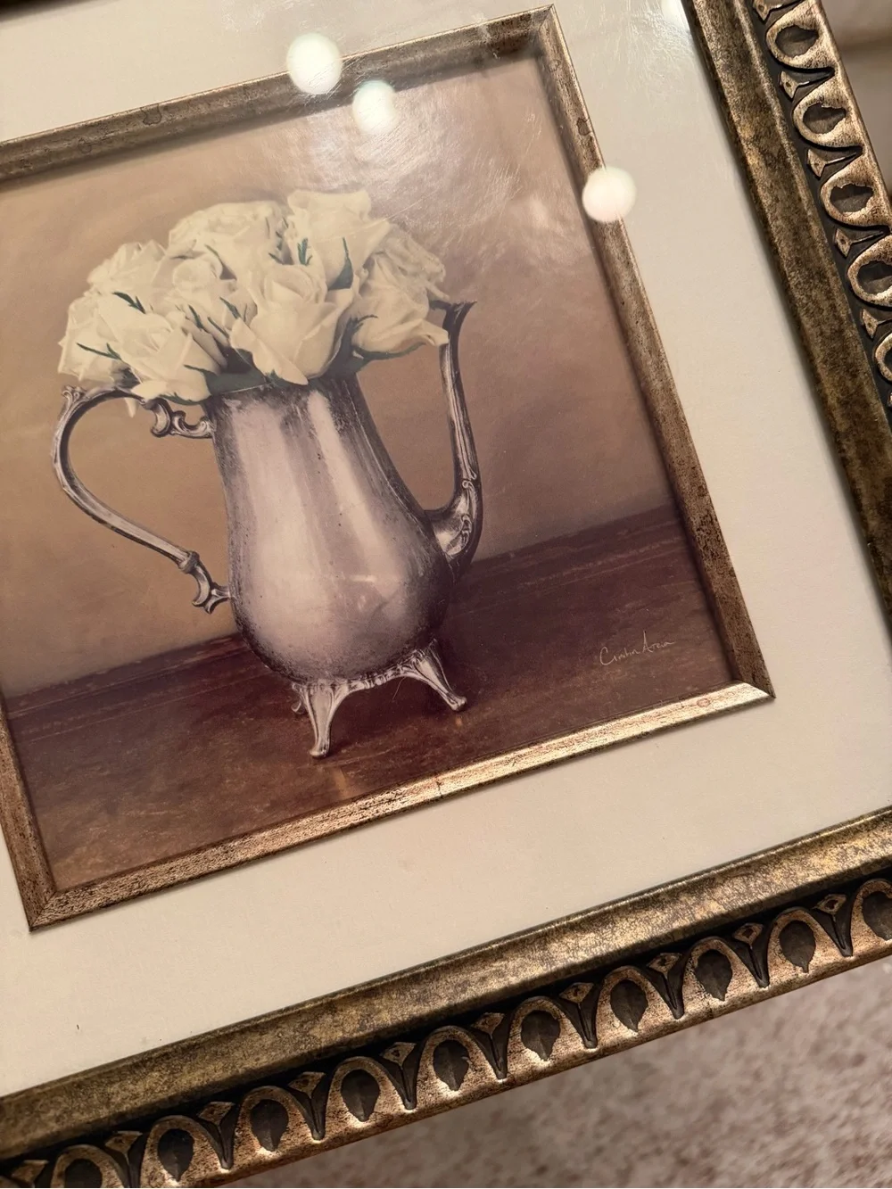 Framed Vintage-Style White Rose Prints - Set of 2 silver pitcher